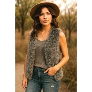CAbi Women's M‎ Gray Faux Fur Alpaca Mohair Knit Back Vest Boho Y2K Style 180